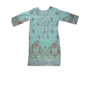 Mint Green Embroidered Salwar Kameez Tunic Floral Sequin Lace Kurti Top 36 Chest